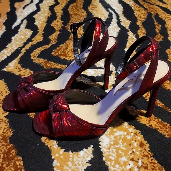 Ruby Red Fabric Sandal Heels in Box - Picture 1 of 11